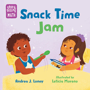 Book cover of 'Snack Time Jam' with two children at a table on a purple background.